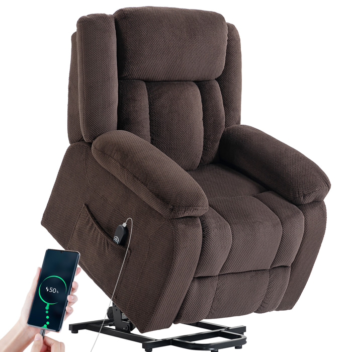 Sillón Relax Reclinable Eléctrico Levanta Personas, con Puerto USB, Sillón Elevador, con Control Remoto, Asiento Ancho, Reposapiés, Tapizado en Terciopelo, Bolsillos Laterales, Marrón