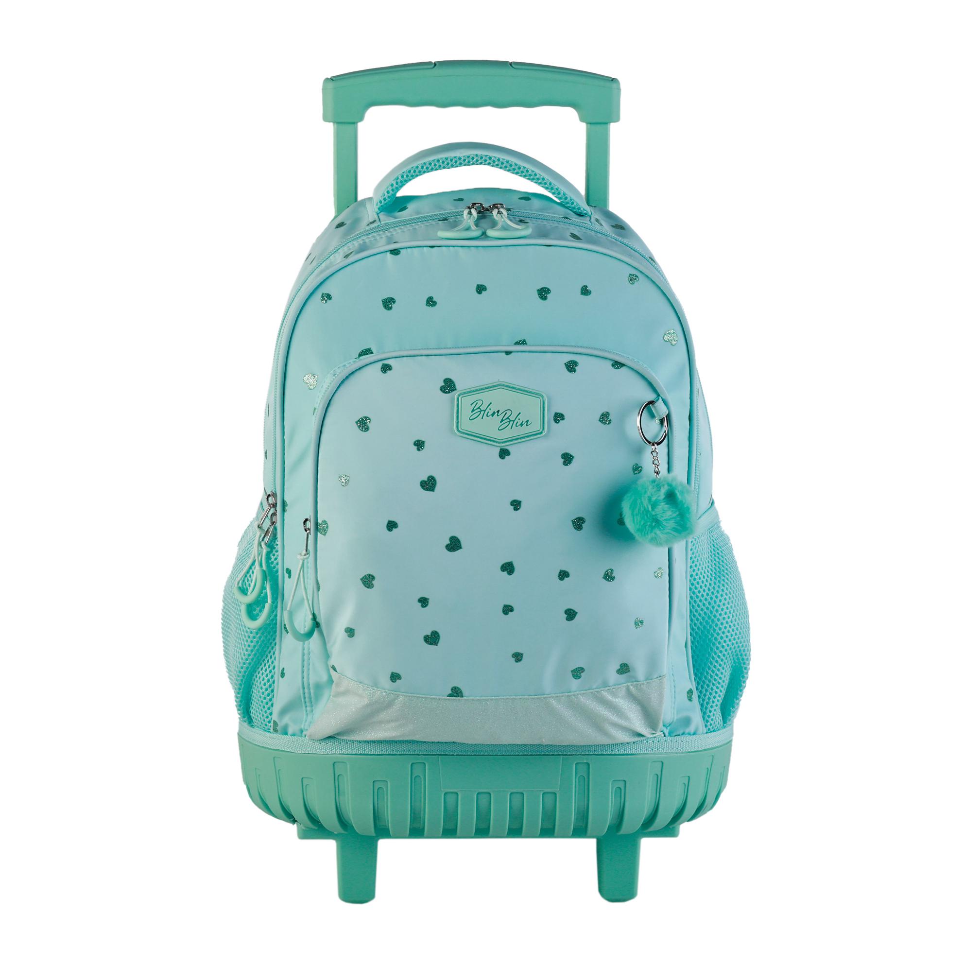 Trolley Fijo Compacto Doble Cuerpo Gran Capacidad Blin-Blin Corazones Menta. CON ACCESORIO POM-POM.