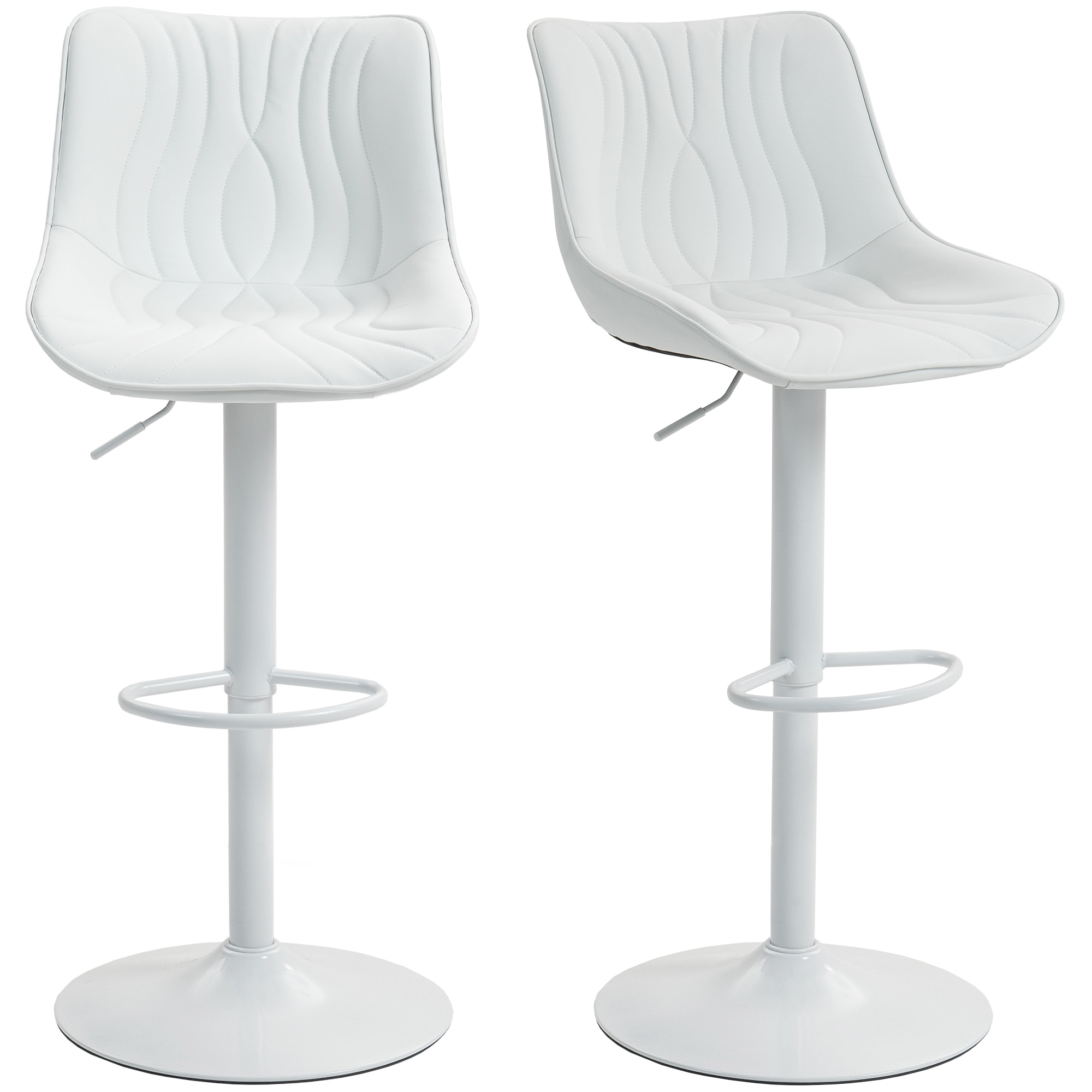 Juego de 2 Taburetes de Bar Taburetes Altos de Cocina Giratorios con Altura Ajustable 92-110 cm Respaldo Asiento de Piel Sintética Marco de Acero y Reposapiés para Comedor Mostrador Blanco