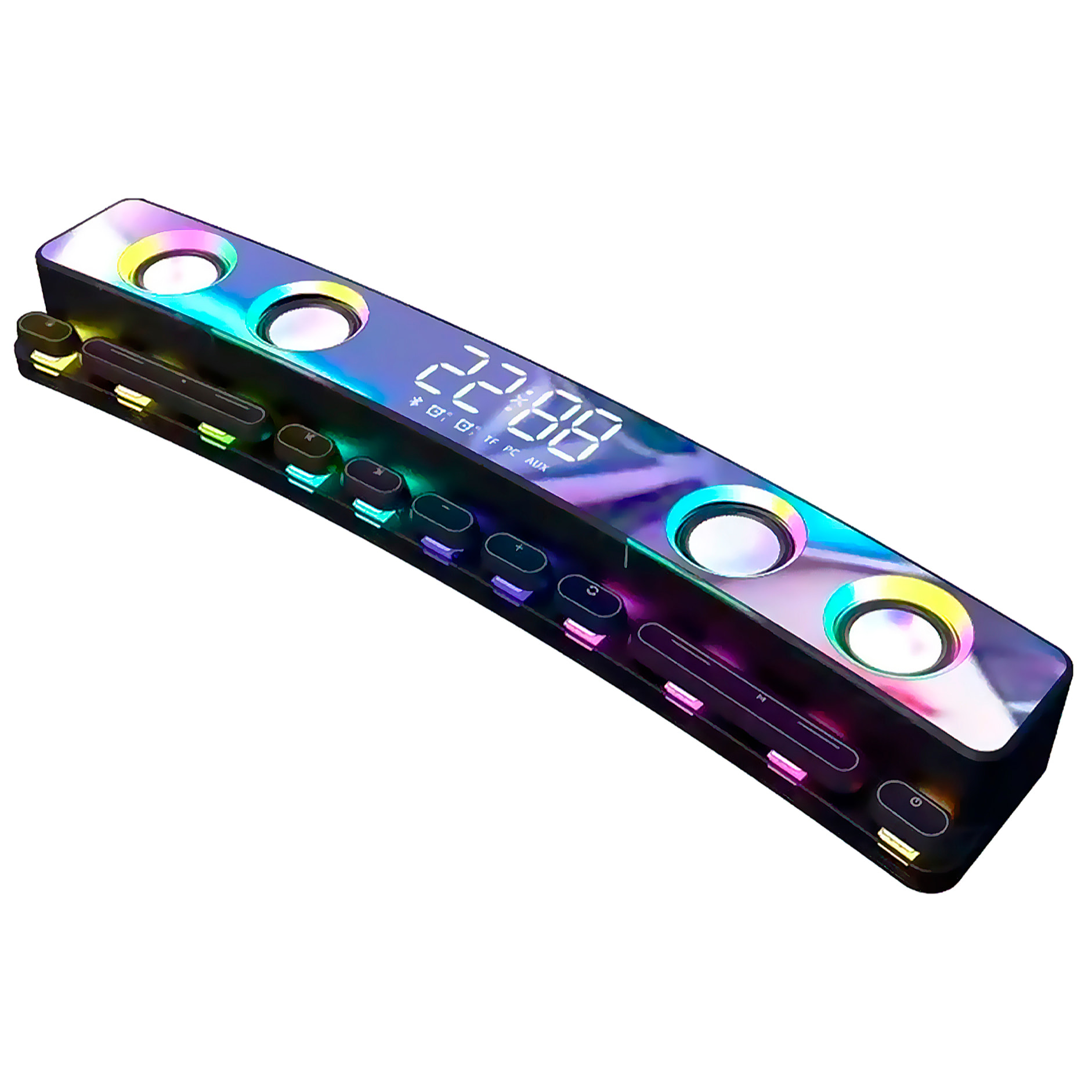 Barra de sonido SH39 Bluetooth 5.4 con teclas mecánicas, pantalla y luz RGB. Batería de 3600mAh. Gaming, home cinema.