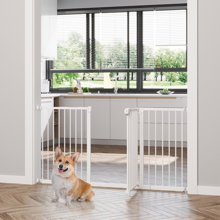 Barrière de sécurité pliable pour chien - 3 panneaux, porte verrouillable - dim. 206L x 120H cm - acier PP blanc
