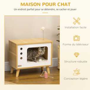 Maison pour chat design poste de télévision - niche chat panier chat - 2 coussins amovibles, boule à ressort - panneaux aspect bois clair blanc