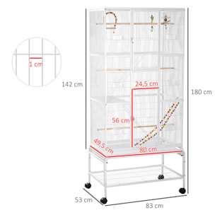 Jaula para Pájaros con Ruedas 83x53x180 cm Pajarera Metálica de 3 Niveles con 3 Perchas Comederos Juguetes Rampas y Estante de Almacenamiento para Canarios Periquitos Blanco