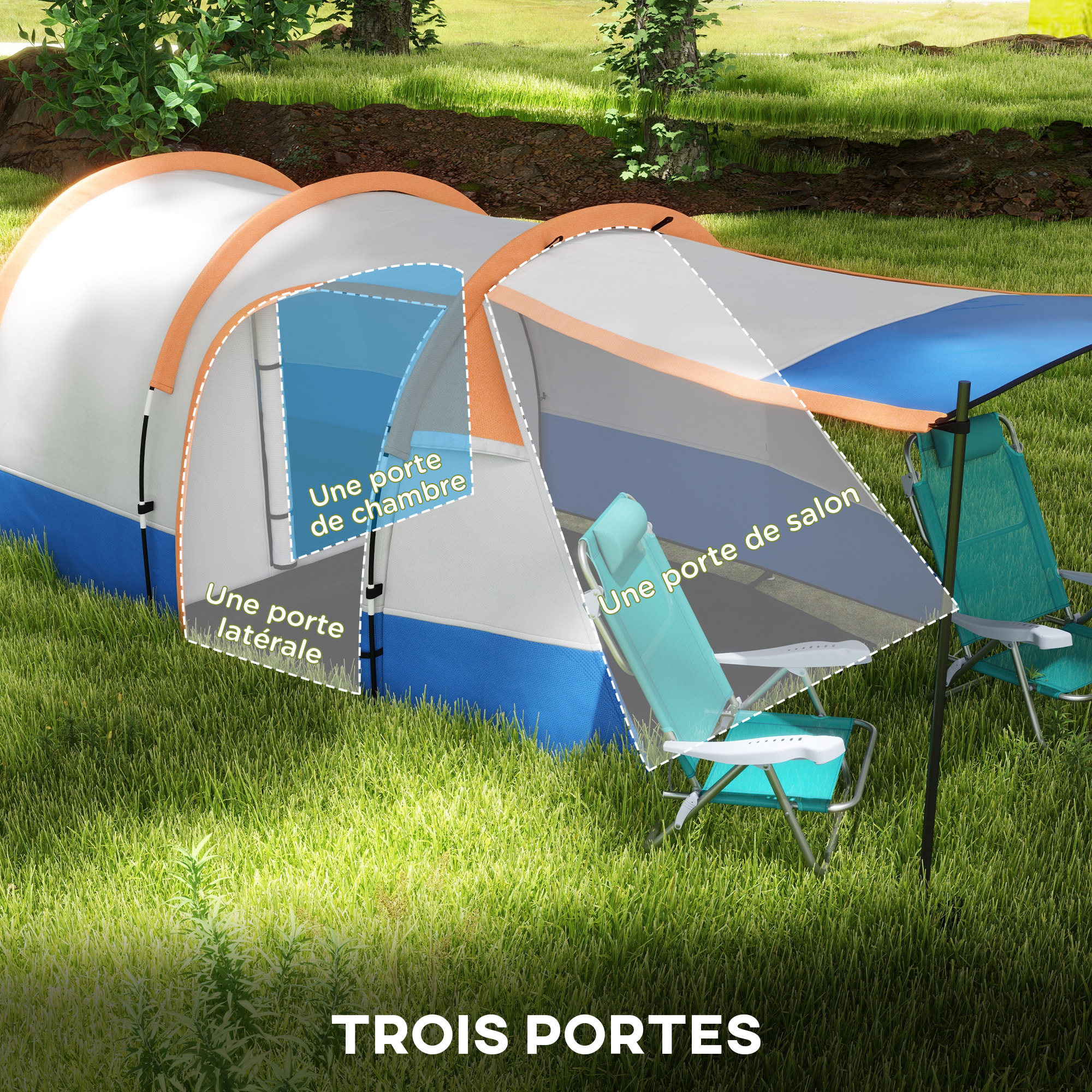 Tente de camping 2-3 pers. porche étanche 2000 mm 3 portes sac de transport orange