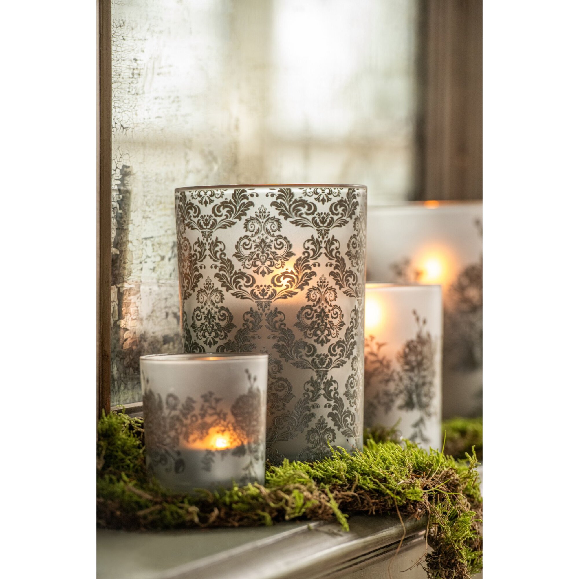 J-Line photophore fleurs - verre - vert kaki - large - assortiment de 2