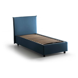 Letto singolo Cira, Letto contenitore con rivestimento in tessuto, 100% Made in Italy, Apertura frontale, adatto per materasso Cm 90x200, Blu