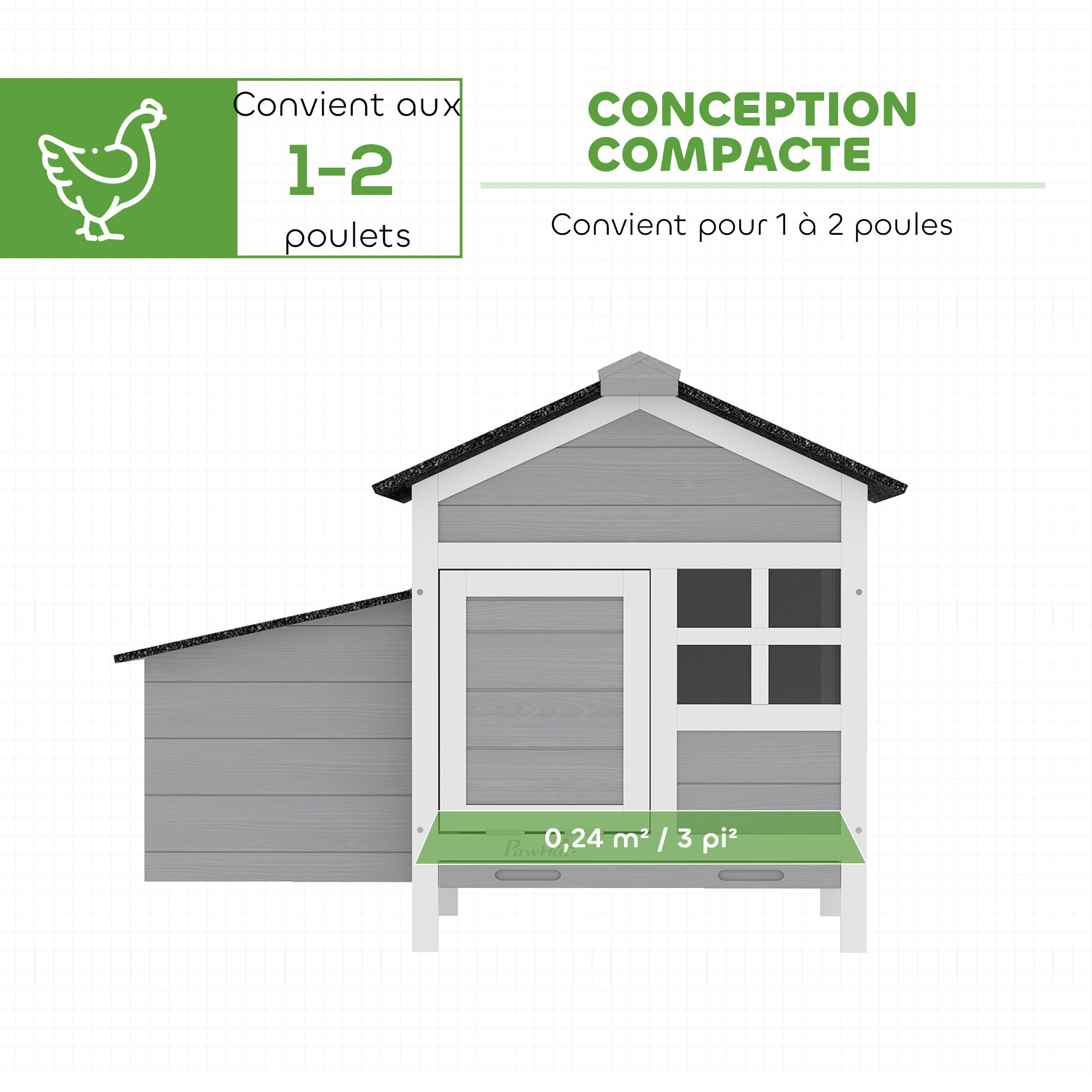 Poulailler en bois sur pieds toit et pondoir bitumés noir blanc gris