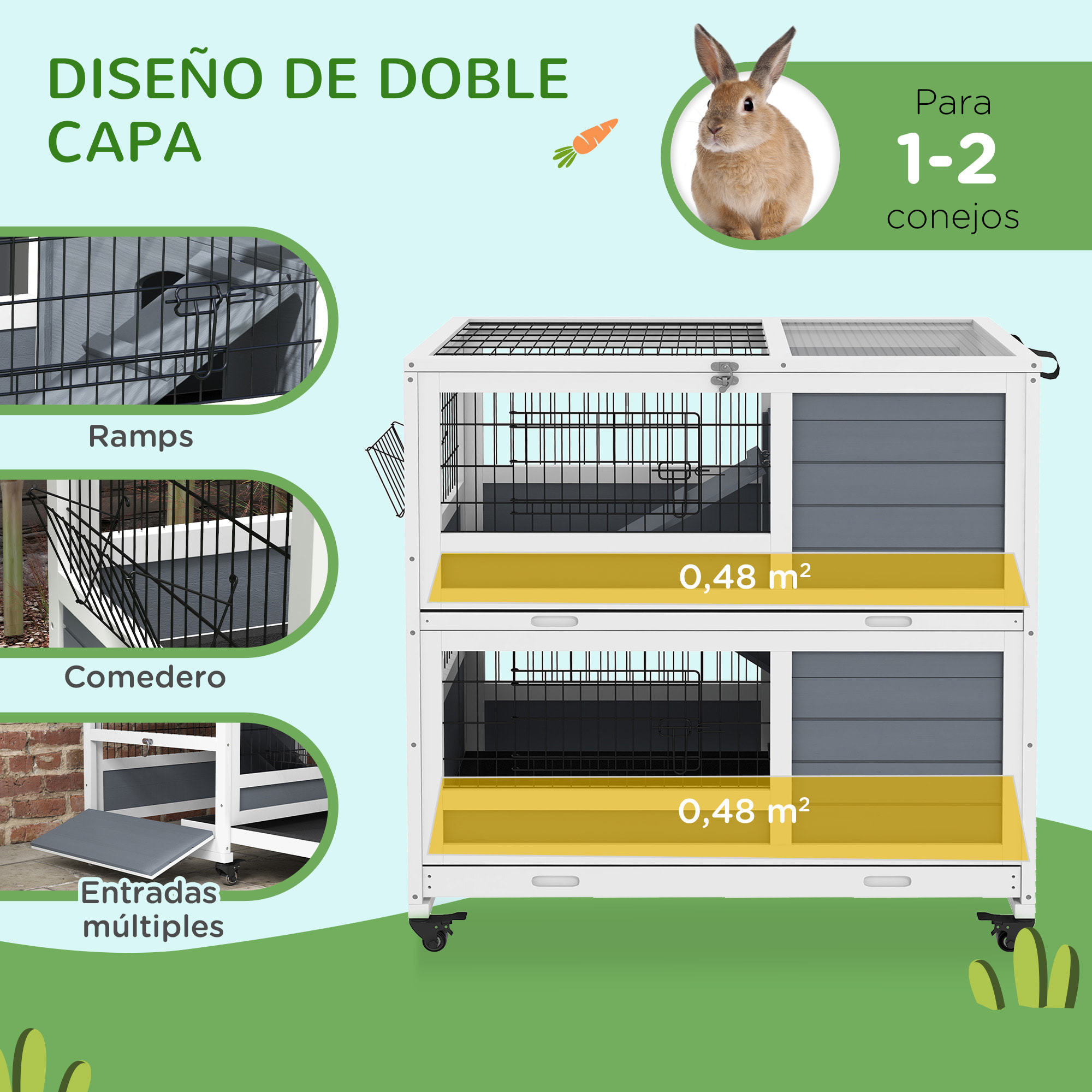 Conejera de Madera con Ruedas 90x53x97 cm Jaula para Conejos de 2 Niveles con Techo Abatible Bandeja Extraíble Comedero y Rampa Gris y Blanco