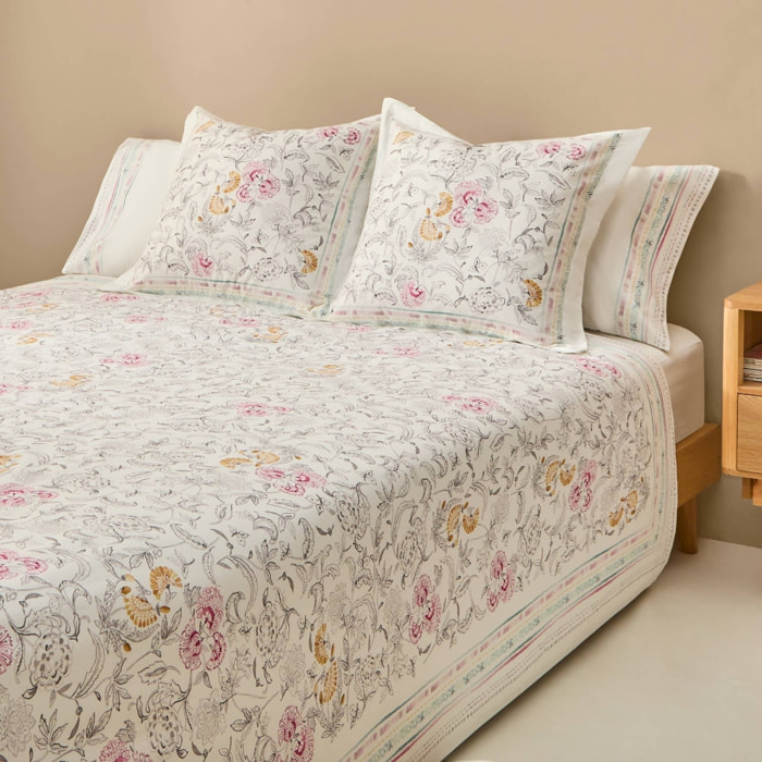 Funda nórdica algodón flores cenefa Mariona color rosa
