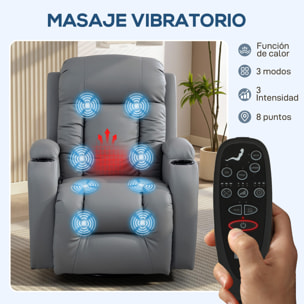 Sillón de Masaje Giratorio, Sillón Relax Reclinable con 8 Puntos de Masaje, Función Calefacción Lumbar, Mando a Distancia, Tapizado en PU, Reposapiés, Bolsillo Lateral, Función Basculante Gris