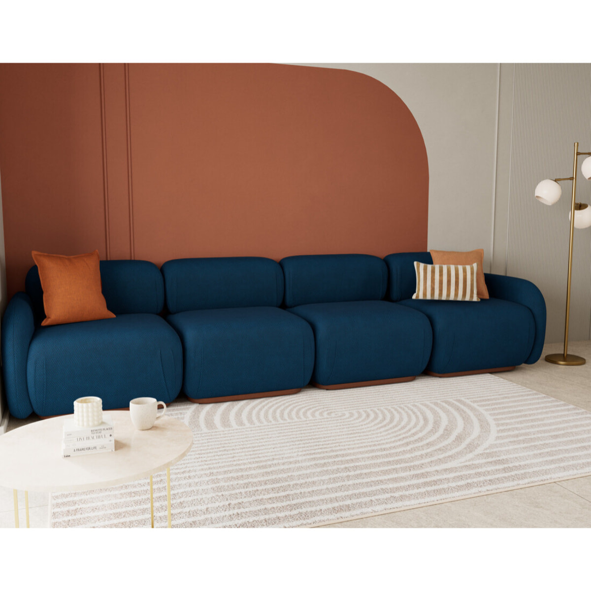 Penelope - canapé droit modulable 4 places en velours texturé - Bleu