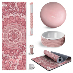 Kit de Yoga y Pilates ROSA 6 accesorios con esterilla, pelota, rueda, masajeadores y correa