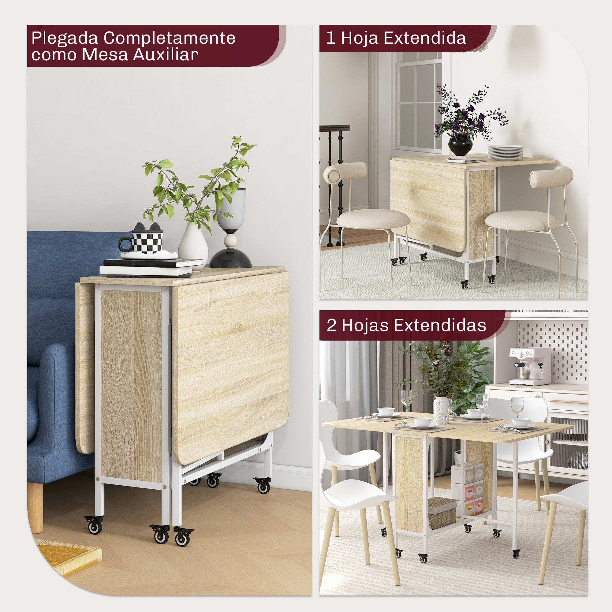 Mesa Plegable de Comedor Mesa de Cocina Plegable con Ruedas Alas Abatibles y Estante Mesa Plegable para Salón 130x80x74 cm Madera Natural