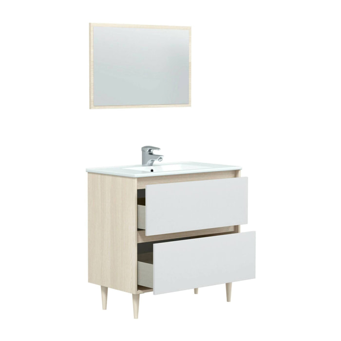 Mobile sottolavabo Berillo, Sotto lavabo bagno, Mobiletto da bagno con specchio, Lavabo non incluso, 80x45h80 cm, Bianco lucido e Rovere