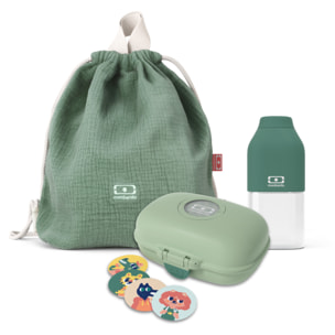 Set enfant vert : sac + boite à goûter + bouteille vert vert