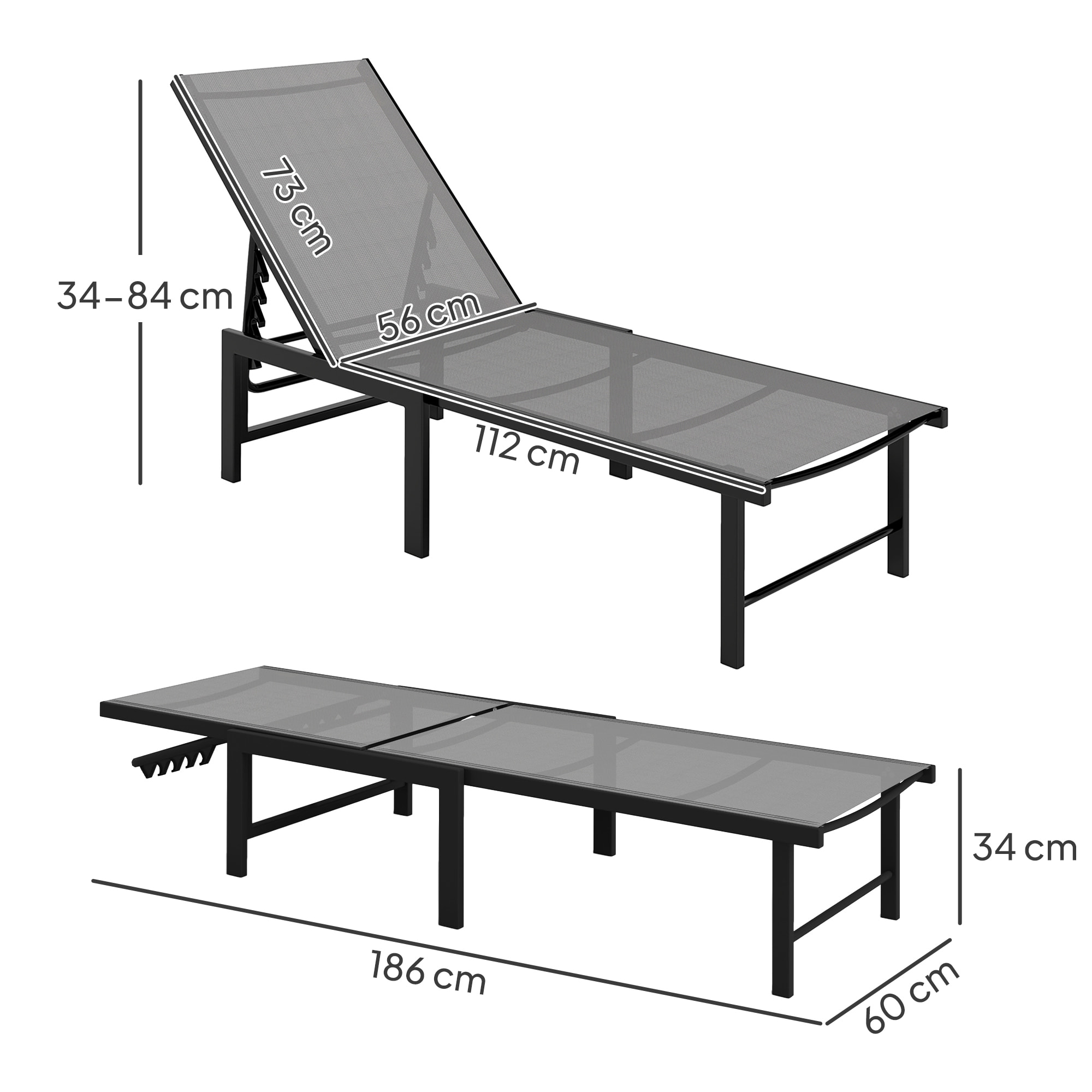 Tumbona Jardín Exterior, Tumbona Reclinable con Respaldo Ajustable en 5 Niveles y Estructura de Acero, Impermeable, Carga 120 kg, para Patio, Terraza, Balcón, 166x60x84 cm, Gris