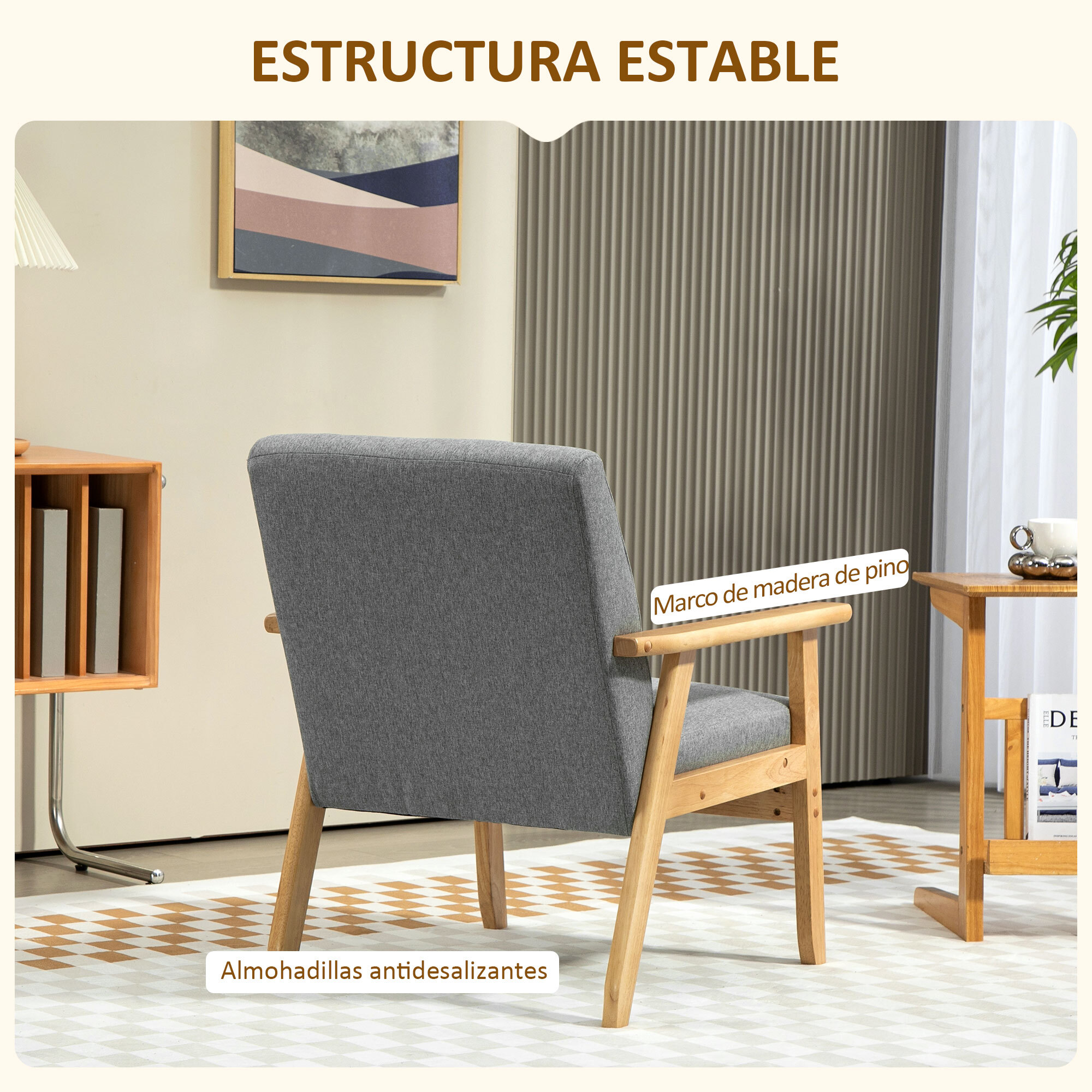 Sillón Individual Sofá Individual Tapizado en Lino con Reposabrazos de Madera Respaldo Acolchado Carga 130 kg Sillón para Salón Dormitorio Gris Claro