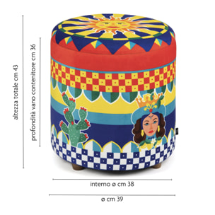 Pouf contenitore Excelsa Sicilian Rhapsody in velluto e legno 39x39x43 cm multicolore