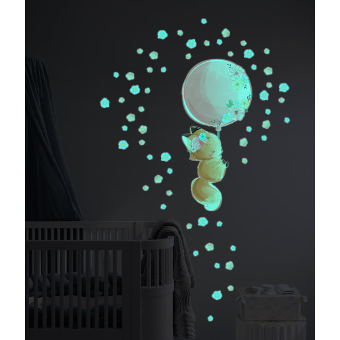 Sticker phosphorescent lumineux - RENARD ET SON BALLON + 60 FLEURS