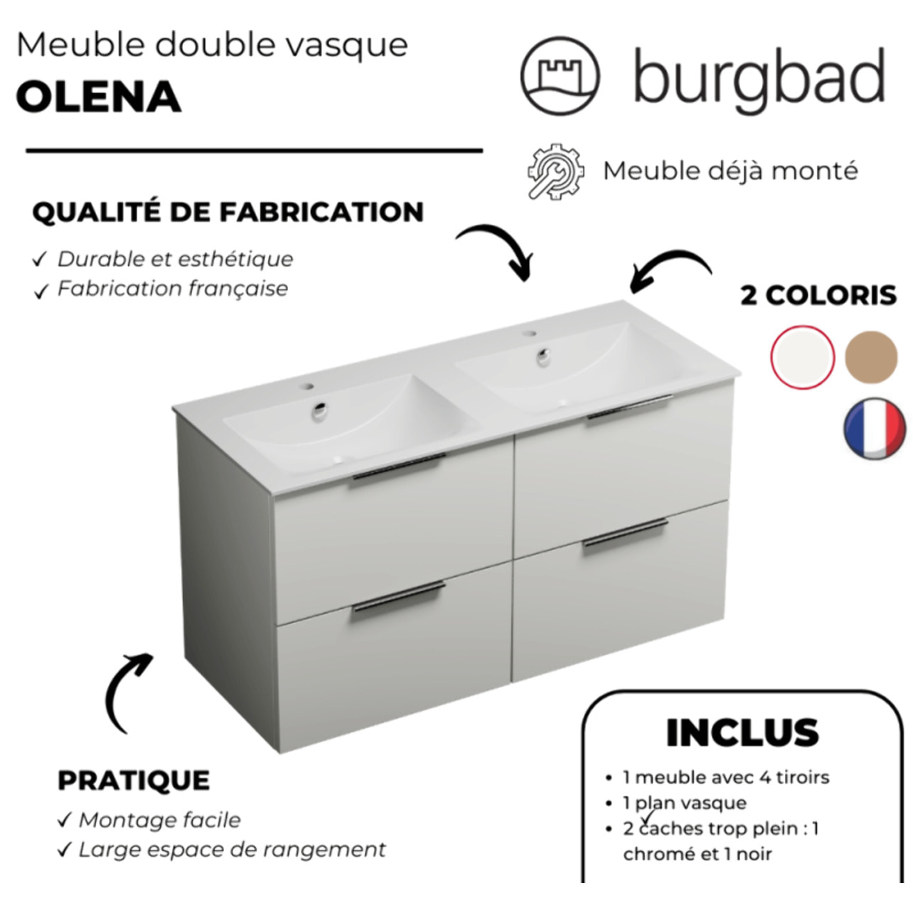Meuble double vasque 120 cm BURGBAD Olena blanc brillant + miroir