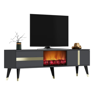 EASTSIDE Meuble TV sur pieds avec cheminée LED 150cm gris anthracite et détails dorés