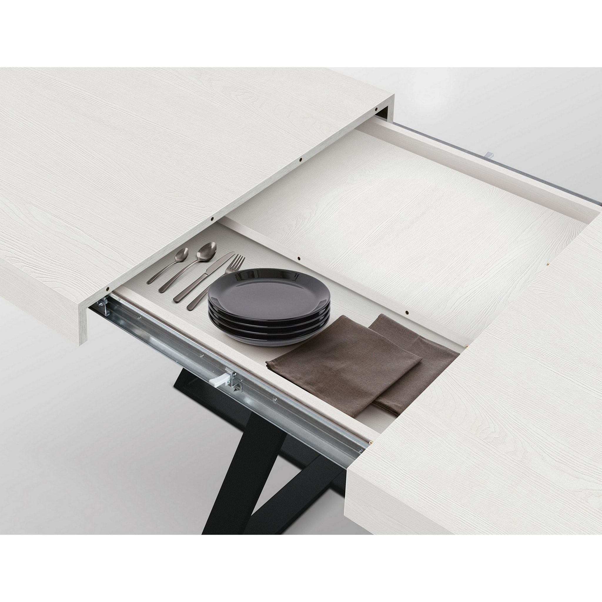 Tavolo FORTE DEI MARMI in legno, finitura bianco frassinato e base a X in metallo antracite, allungabile 95x90 cm - 145 x 90 cm