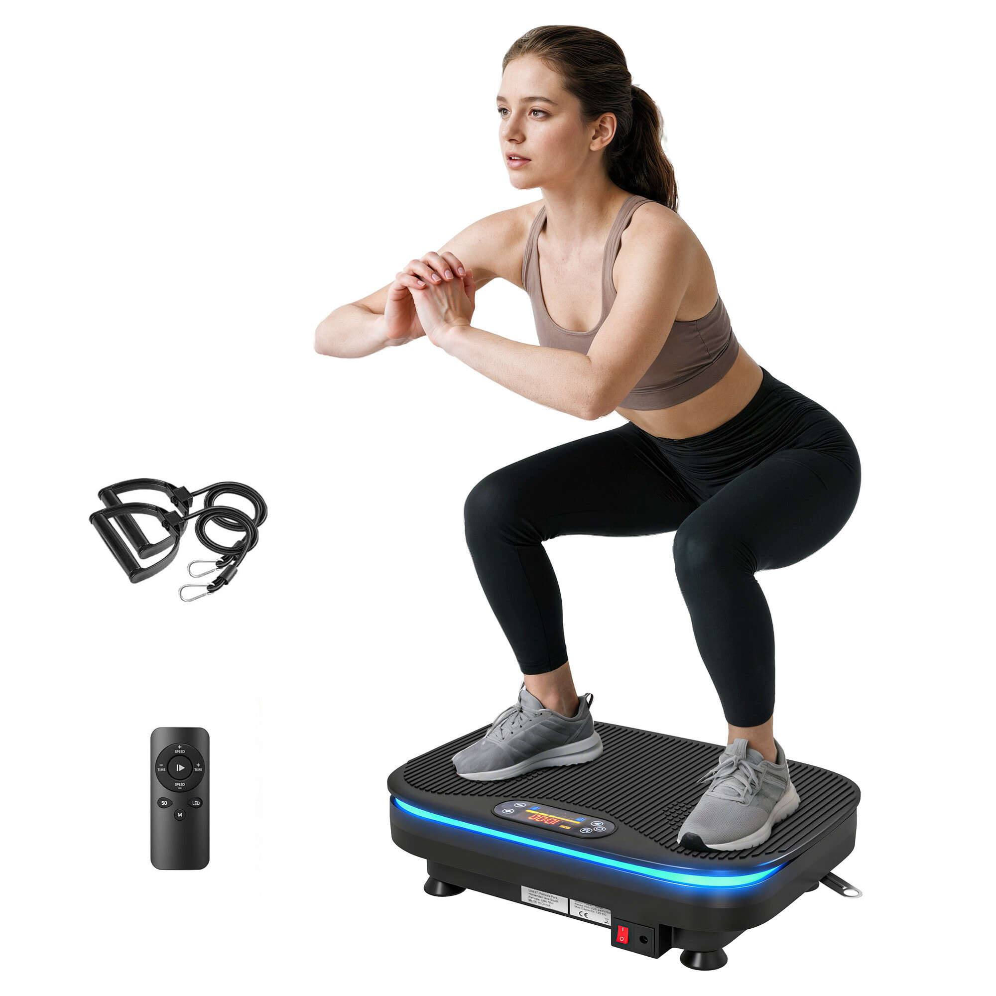 Plataforma Vibratoria, 99 Velocidades, 3 Programas, Plataforma Vibración Muscular con Altavoz Bluetooth, Pantalla LED, Luces, Mando a Distancia, Bandas Elásticas, para Hacer Ejercicio en Casa
