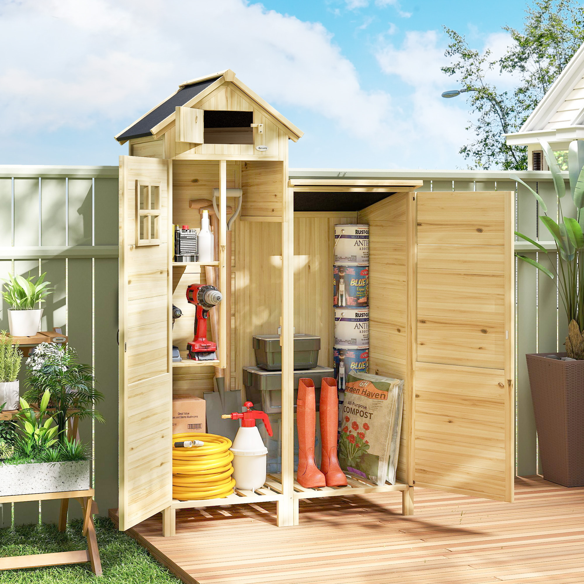 Caseta de Jardín de Madera 106x57x167 cm, Cobertizo Jardín Exterior, Armario para Herramientas con Doble Zona, Puertas, Estantes Desmontables, Techo Asfáltico Impermeable y Ventana, Natural