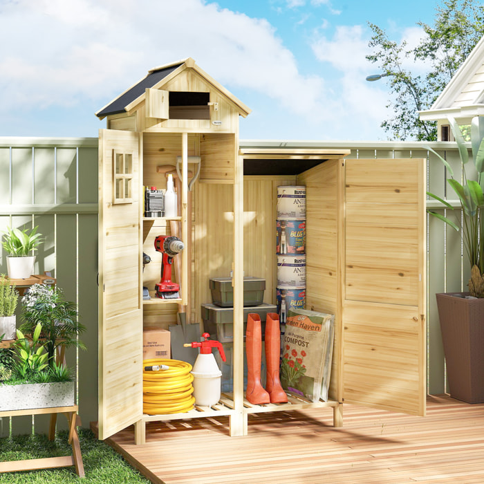 Caseta de Jardín de Madera 106x57x167 cm, Cobertizo Jardín Exterior, Armario para Herramientas con Doble Zona, Puertas, Estantes Desmontables, Techo Asfáltico Impermeable y Ventana, Natural