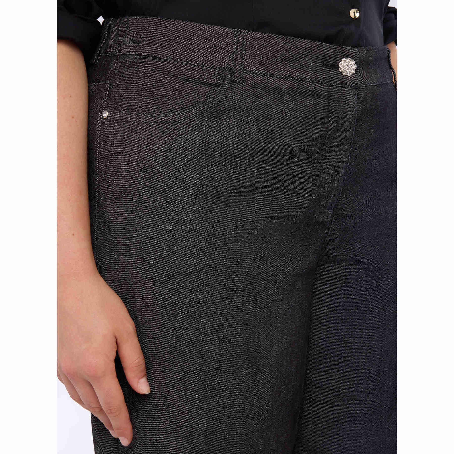 Fiorella Rubino - Jeans wide leg con bottone gioiello - Nero