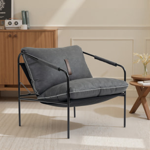 Butaca de Salón Moderna, Sillón de Lectura Tapizado en Cuero Sintético, Fundas de Cojines Extraíbles, Acolchado Grueso, Patas de Metal, para Dormitorio, Oficina, Gris Carbón