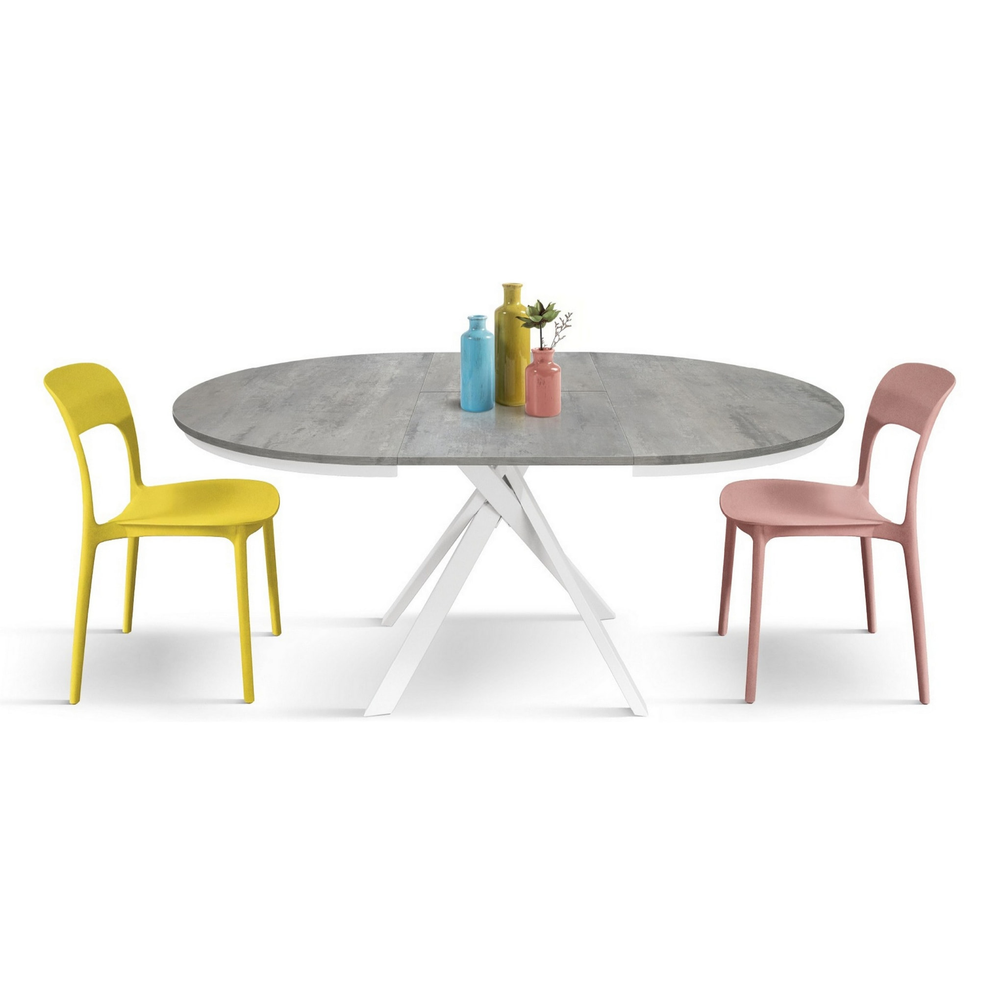 Tavolo rotondo PANTELLERIA in legno effetto grigio cemento con gambe incrociate in metallo bianco, allungabile ⌀120 cm - ⌀170 cm