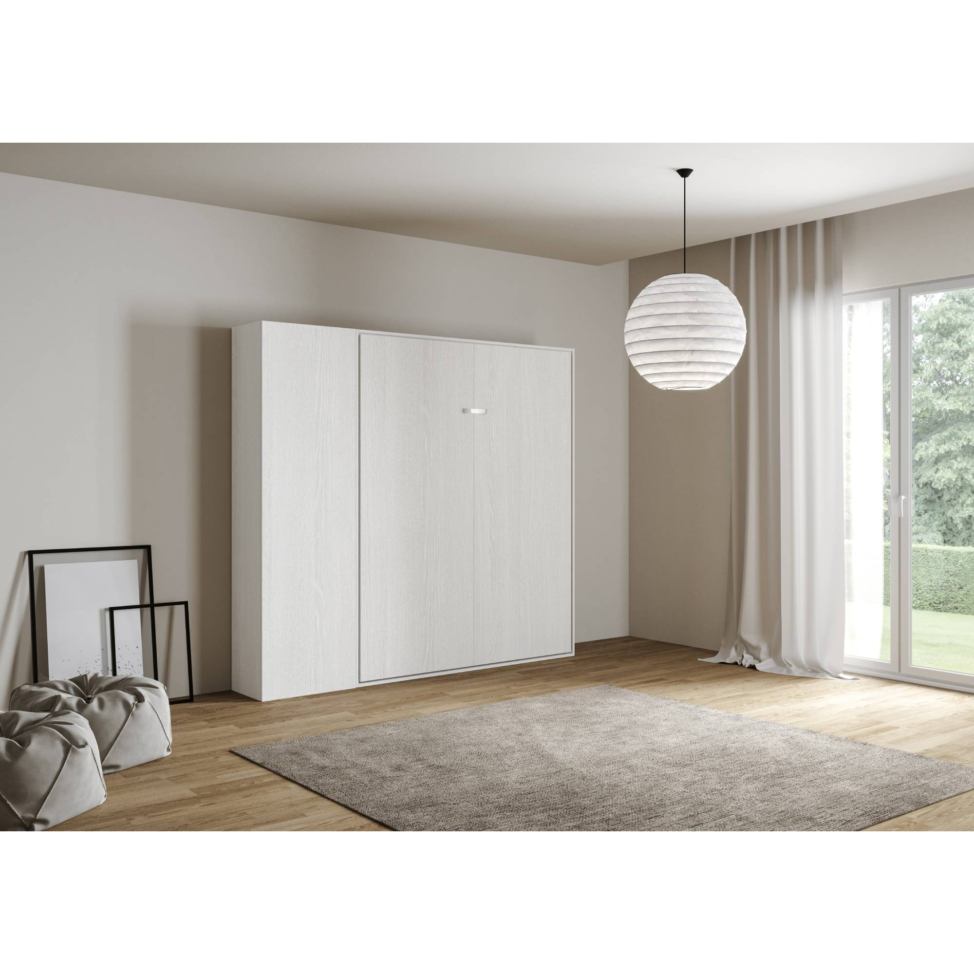 Cama abatible 140 vertical Kentaro con columna Fresno Blanco