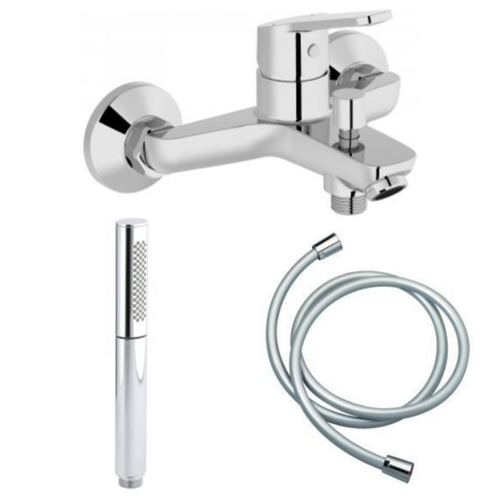 Mitigeur bain-douche Jacob Delafon Aimé chrome + Douchette Shift Ellipse 2 jets + Flexible lisse anti-torsion 1600