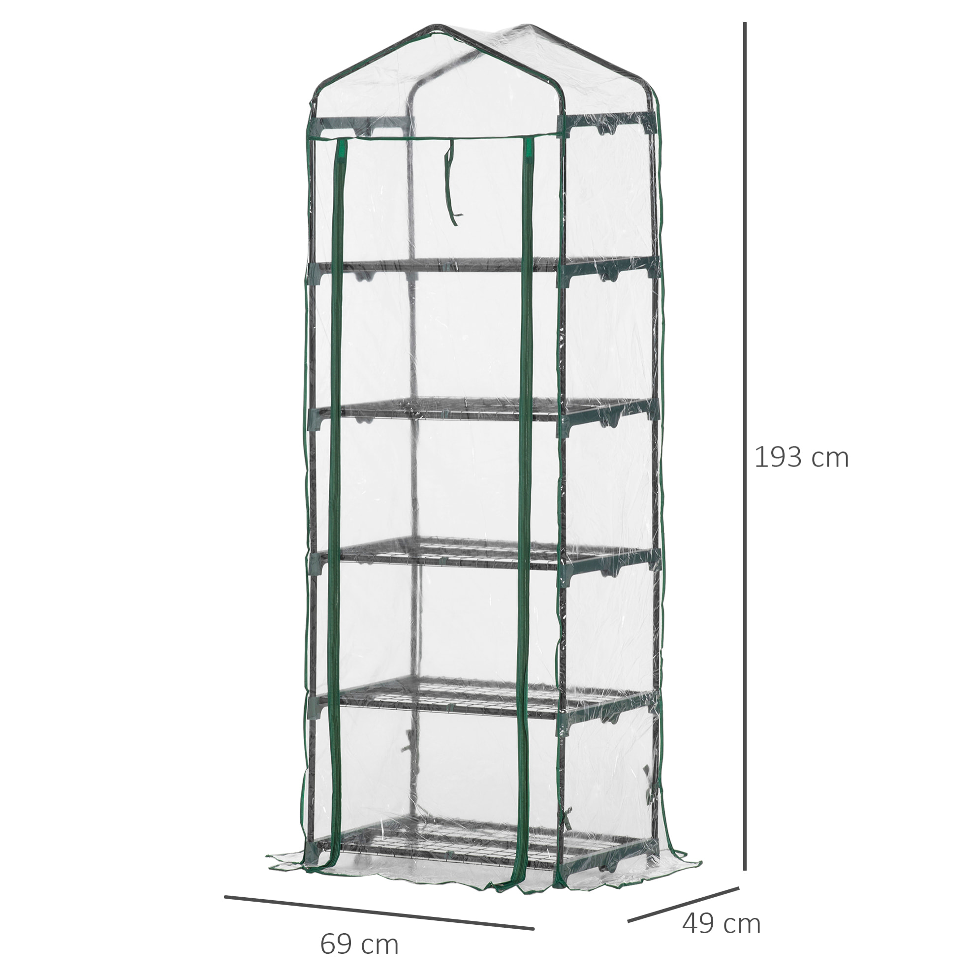 Invernadero de Jardín con 5 Estantes Metálicos y Puerta Enrollable Vivero Casero de Terraza Exterior para Cultivo Plantas Flores Macetas 69x49x193 cm Transparente