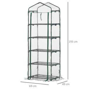 Invernadero de Jardín con 5 Estantes Metálicos y Puerta Enrollable Vivero Casero de Terraza Exterior para Cultivo Plantas Flores Macetas 69x49x193 cm Transparente