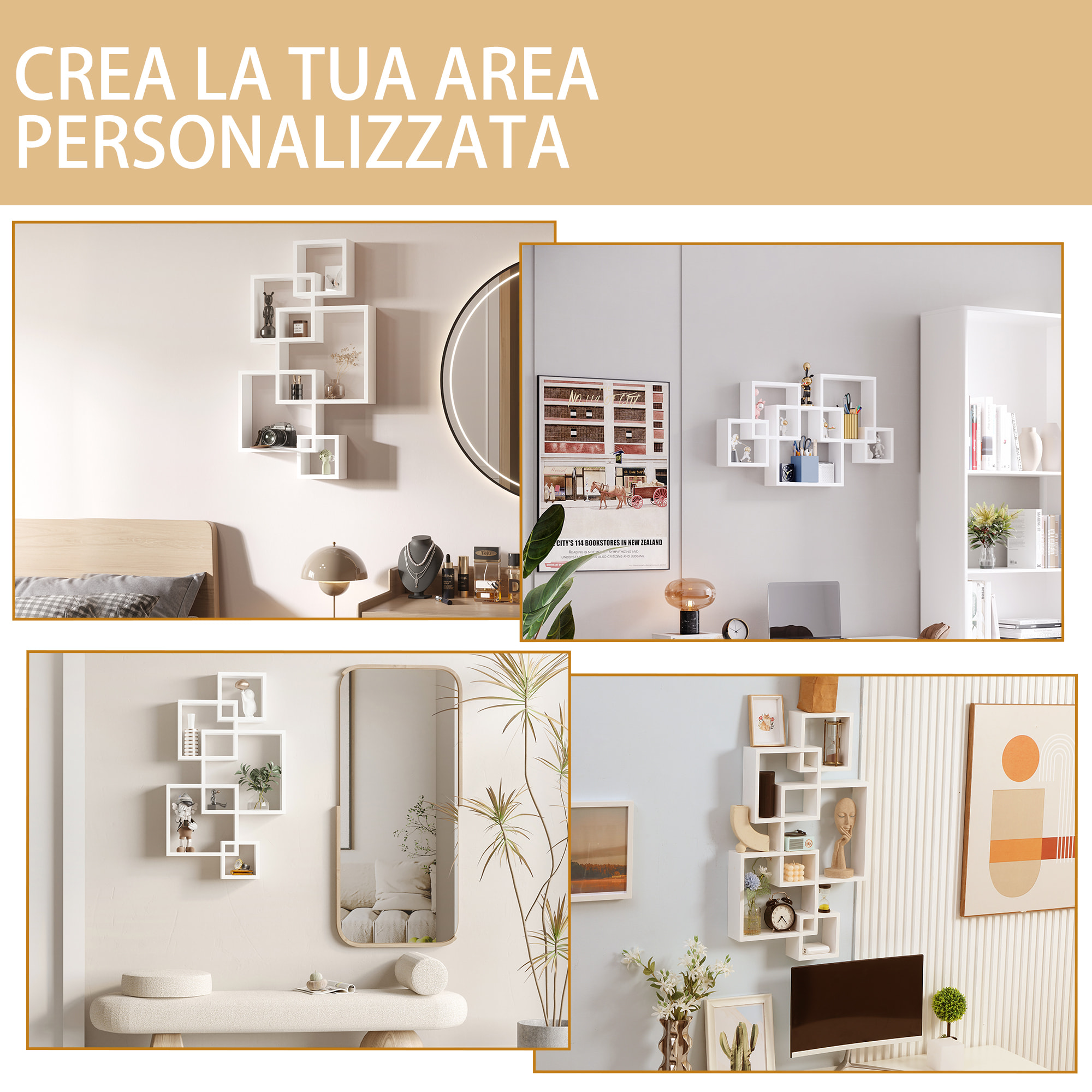 HOMCOM Libreria Moderna Sospesa con 5 Cubi Intrecciati in Legno, 49.5x10.2x86cm, Bianco