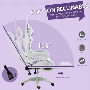 Silla Gaming Ergonómica Reclinable 135°, Silla Gamer Racing de Cuero PU con Soporte Lumbar, Altura Ajustable, Reposacabezas y Reposapiés Retráctil, para Oficina, Estudio, Púrpura