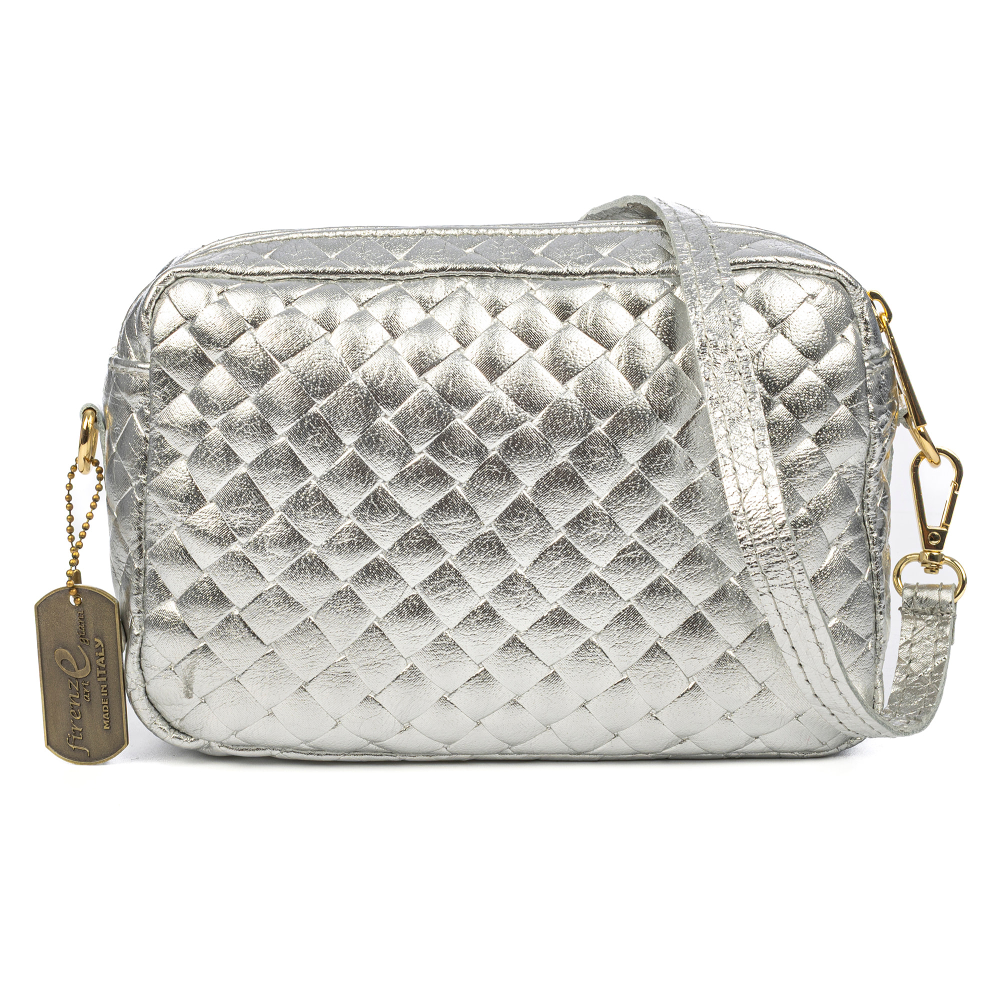 Degna bolso bandolera mujer. Piel auténtica Gamuza con grabado entrelazado y lacada brillante.