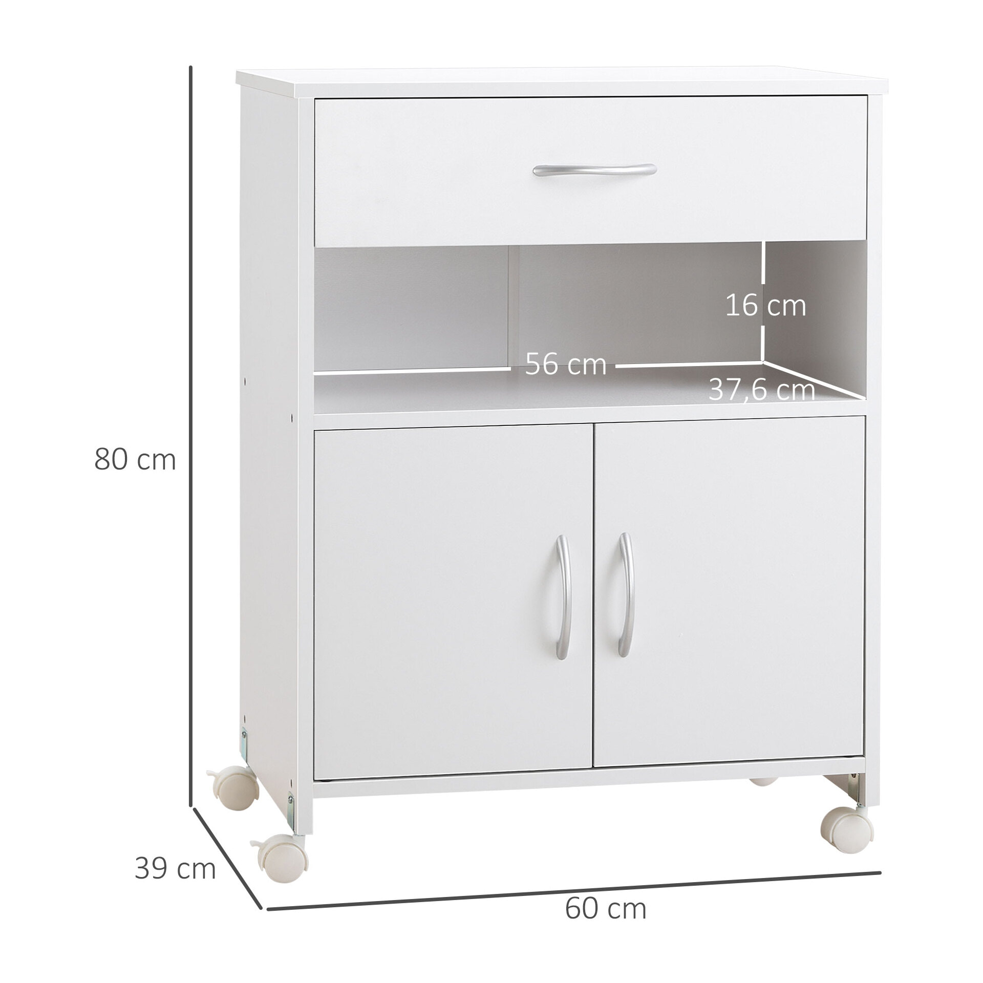 Armario para Impresora Soporte para Impresora con Ruedas Mueble Impresora con Cajón 2 Puertas y Compartimiento Abierto para Salón Oficina Estudio 60x39x80 cm Blanco