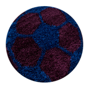 FUN - Tapis enfant shaggy rond à poils long motif ballon de foot bleu