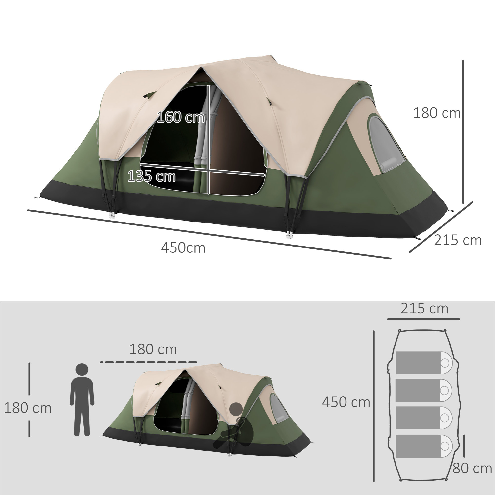Tienda de Campaña Familiar para 6-8 Personas Tienda de Camping Plegable con 2 Habitaciones y Bolsa de Transporte Impermeable para Senderismo 450x215x180 cm Verde Oliva y Marrón Claro