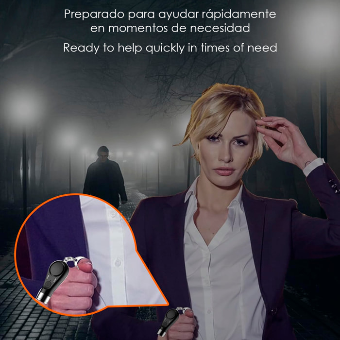 Allarme SOS personale con luce LED brillante, segnale rosso/blu e suono di 130±5 dB. Batteria ricaricabile.