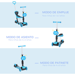 3 en 1 Patinete para Niños de +18 Meses o Scooter de 3 Ruedas con Asiento Extraíble Manillar Mango de Empuje Altura Ajustable 62x25x72,5 cm