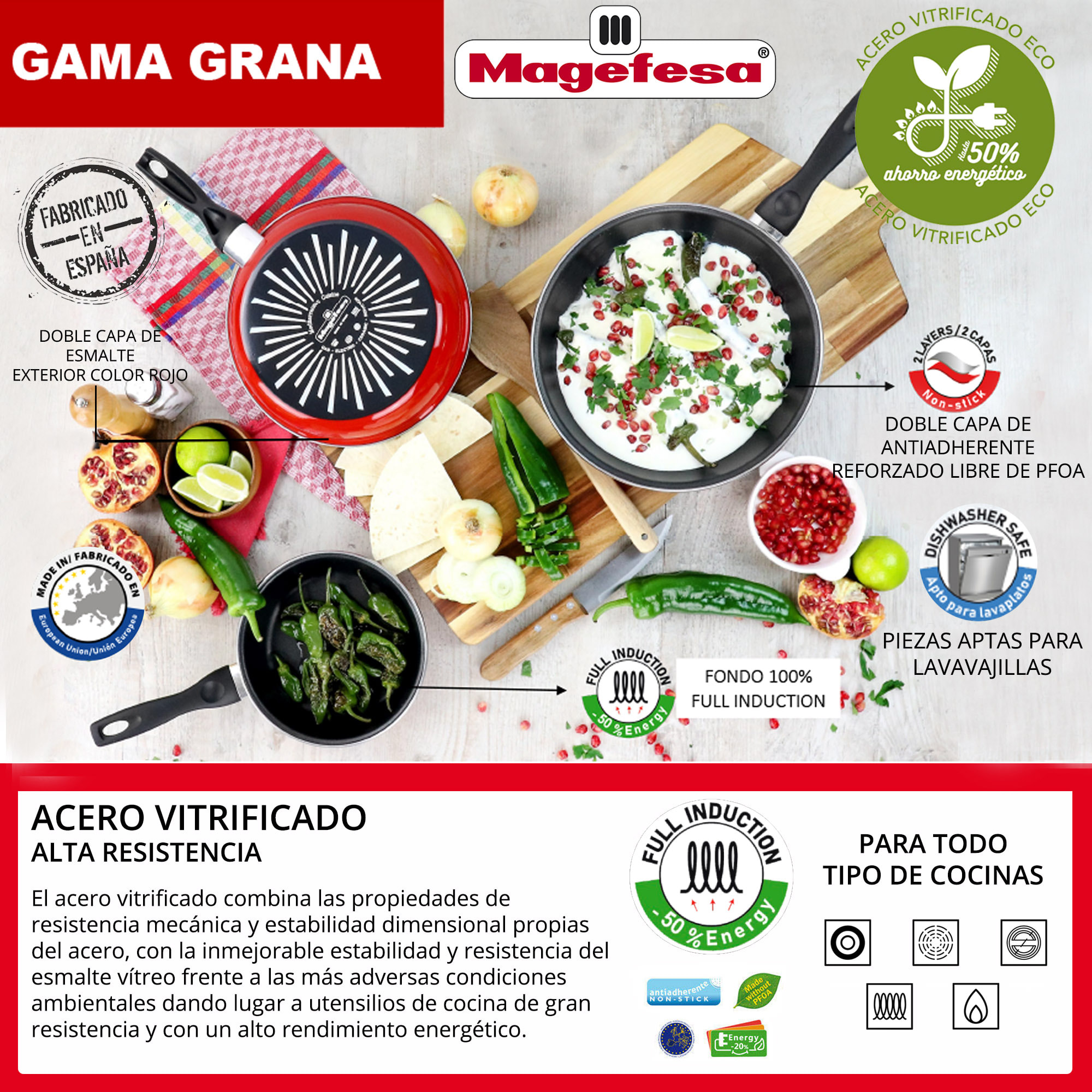Magefesa GRANA set 3 sartenes (18,20,24), acero esmaltado vitrificado, en rojo, inducción y lavavajillas