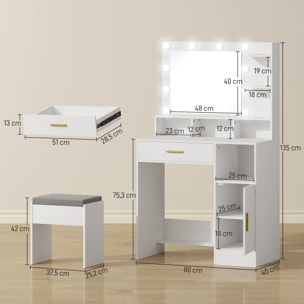 Tocador de Maquillaje con Luces LED y Taburete Tocador con Espejo 2 Colores 10 Bombillas Cajón Estantes Compartimentos Abiertos para Dormitorio Vestidor Blanco