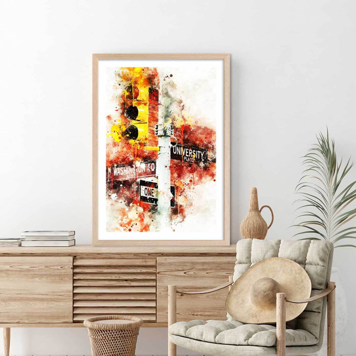 Affiche traffic lights university place Affiche + cadre en bois - Chêne