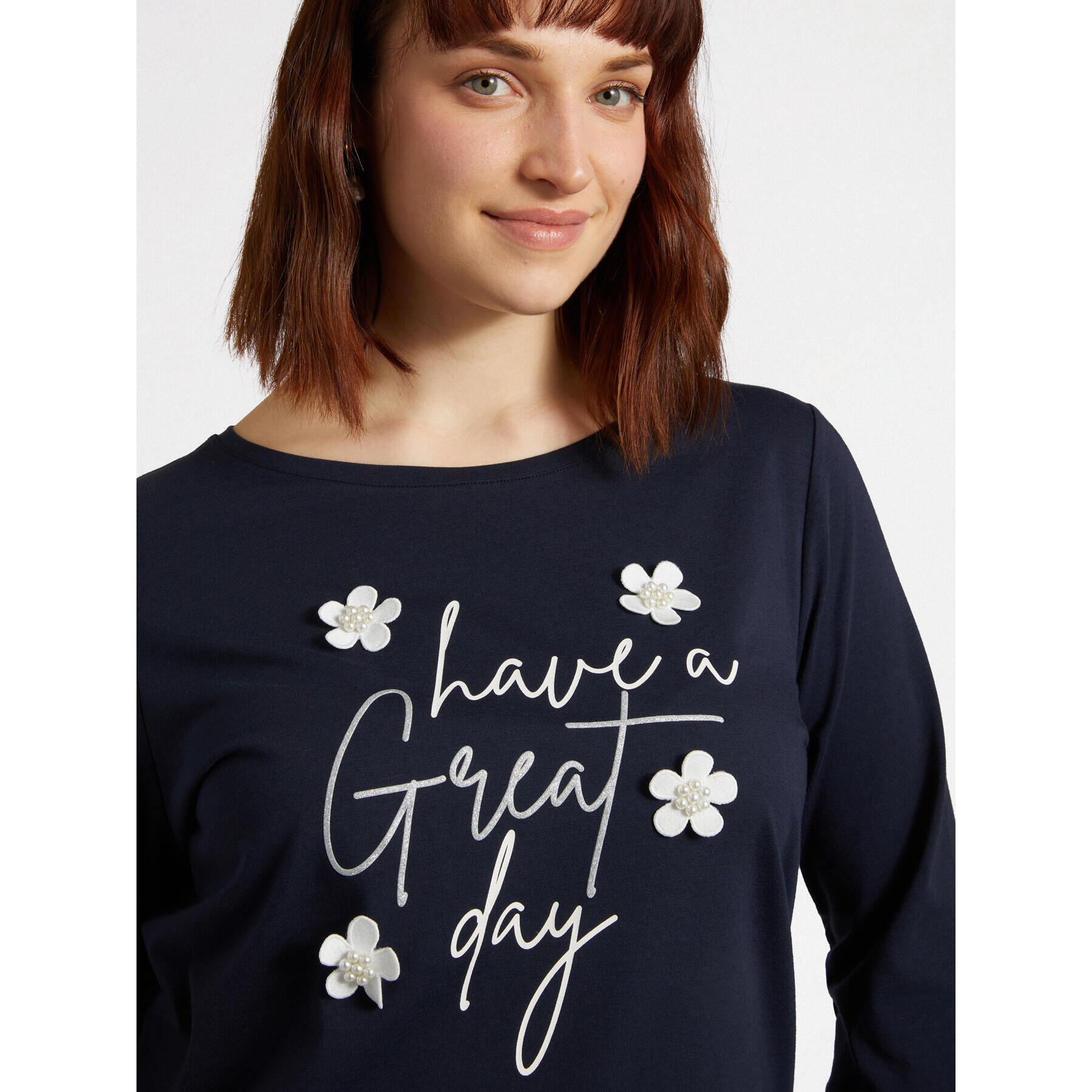 Fiorella Rubino - Camiseta con texto y flores bordadas - Azul