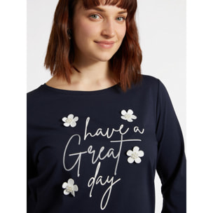 Fiorella Rubino - Camiseta con texto y flores bordadas - Azul