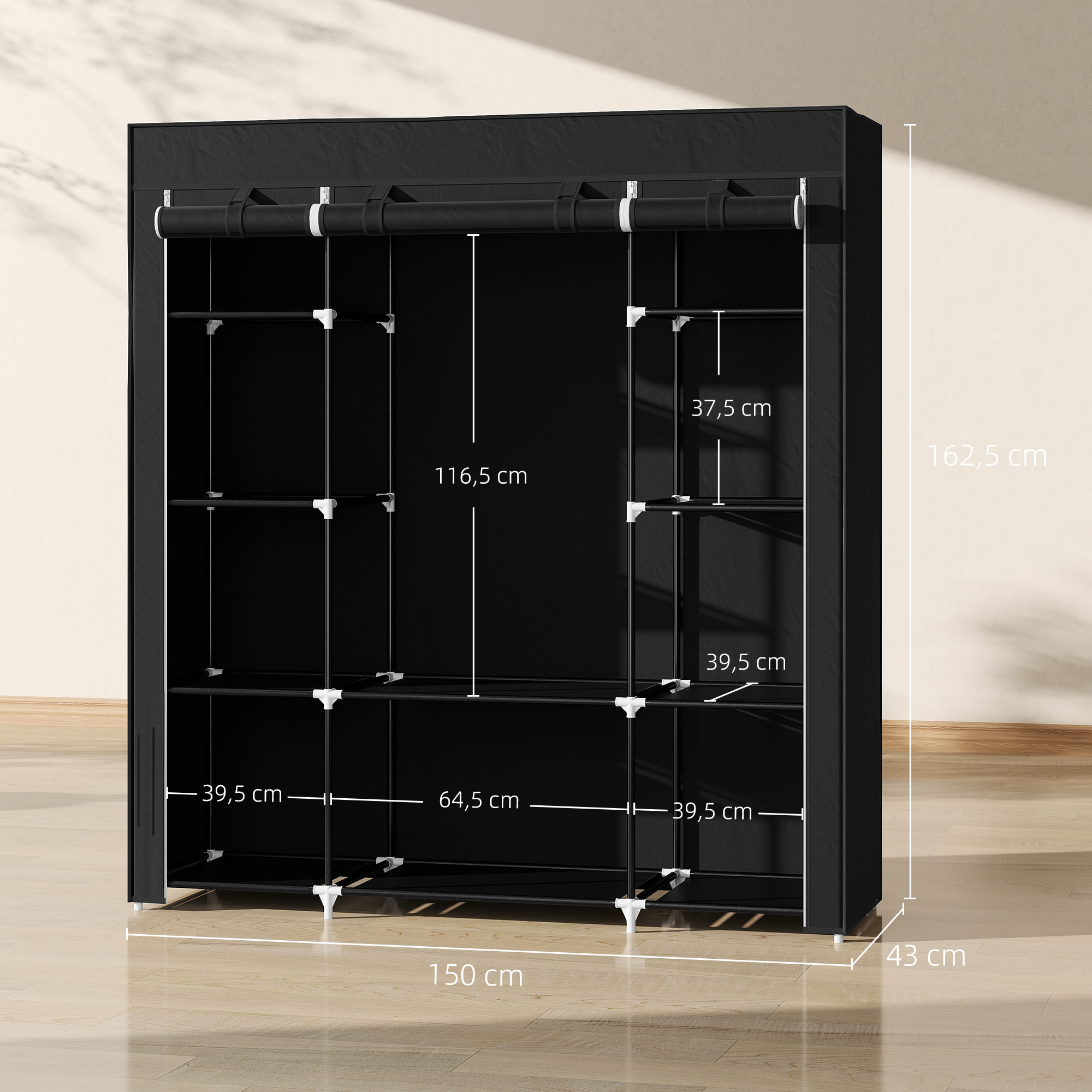 HOMCOM Armario de Tela, Armario Ropero con Barra para Colgar, 10 Estantes Abiertos, Cremallera, Cubierta y Marco Acero, Fácil Montaje para Dormitorio, Espacio Pequeño, Vestidor, 150x43x162,5 cm, Negro